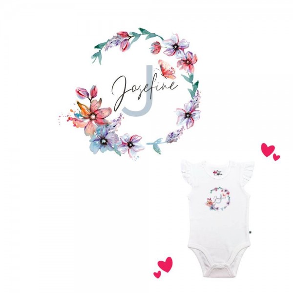 Baby Body Rüschenärmel weiß bunte Blumen Name