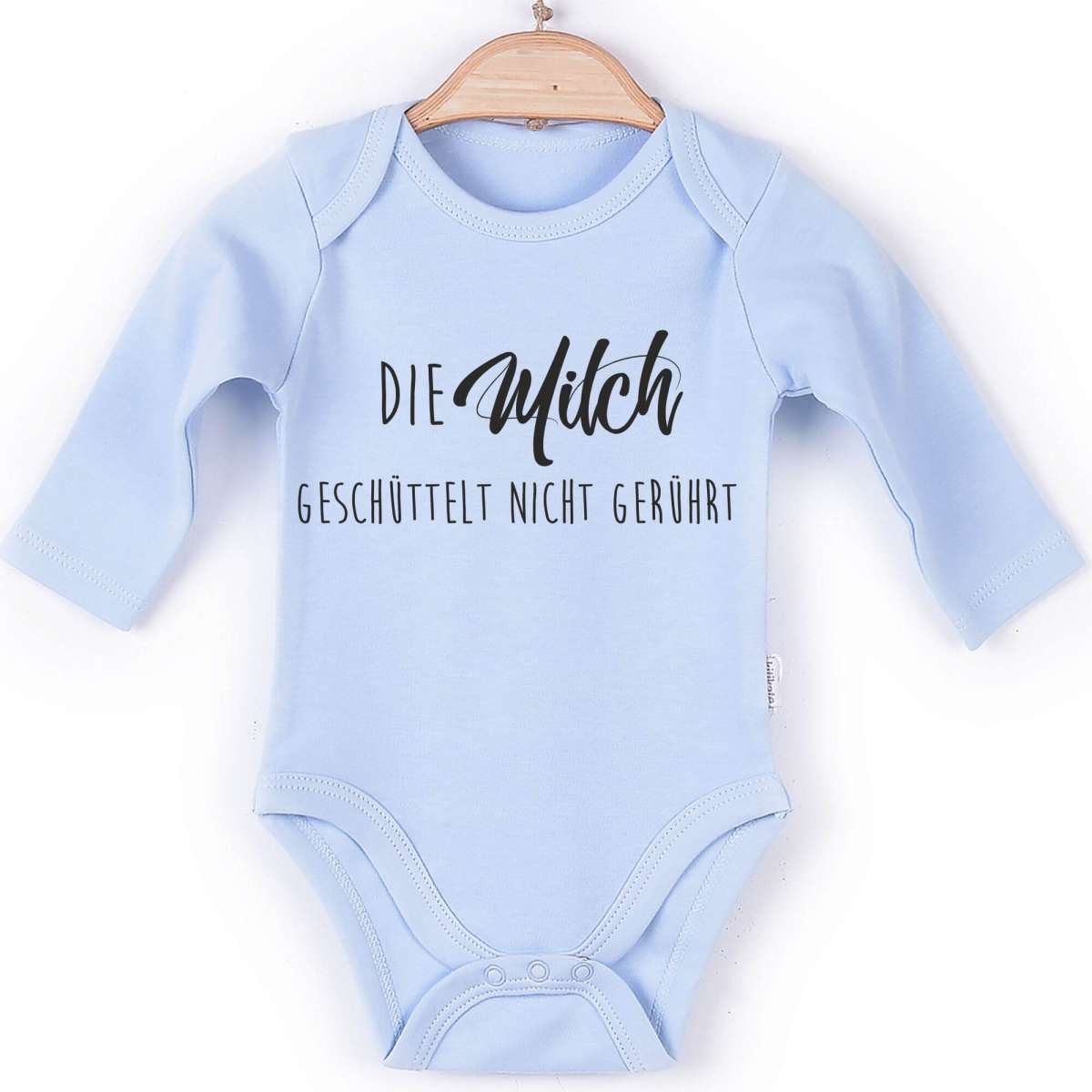 Baby Body Langarm blau Spruch Milch geschüttelt Baby Body Junge